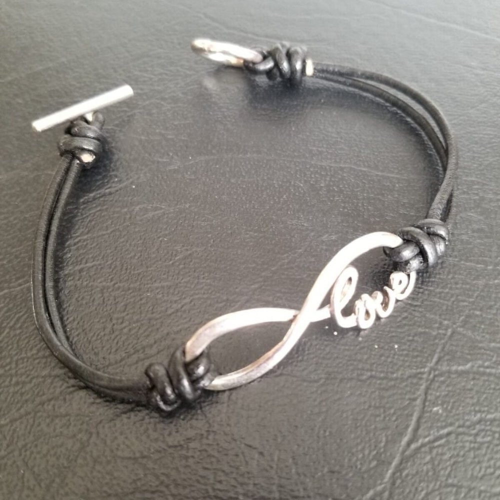 Sterling Silver Love Infinity Genuine Black Leather Handcrafted Cord Bracelet